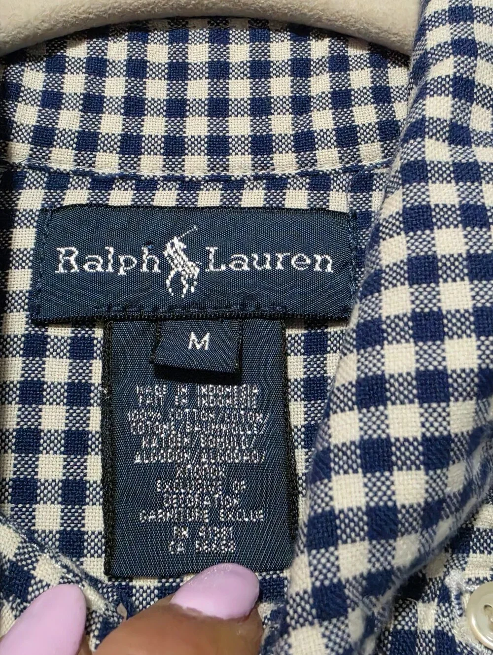 RALPH LAUREN Boys Button Down Shirt Size Medium Blue White Gingham Cotton Preppy